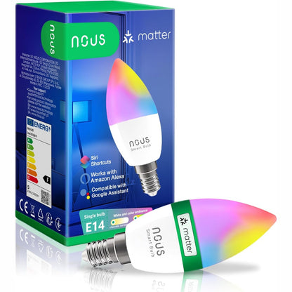 186569 - NOUS - Llampë LED e inteligjent WiFi E14, RGB Matter, me funksion errësimi, e ngrohtë-e ftohtë-natyrale, e pajtueshme me Alexa, Google dhe Asistentin në shtëpi, Kontroll i largët përmes aplikacionit Tuya Smart Life
