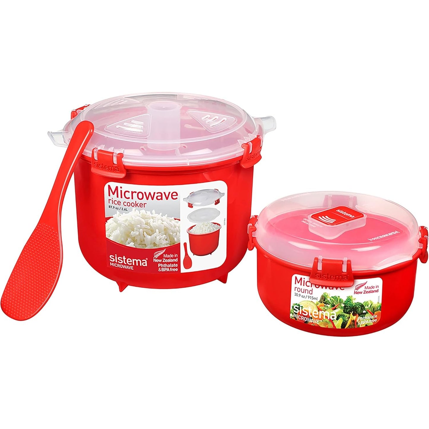 223112 - SISTEMA - Tenxhere orizi për mikrovalë, 2.6 l, enë e rrumbullakët për ruajtjen e ushqimit në mikrovalë (915 ml), pa BPA, e kuqe [82001]