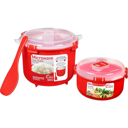 223112 - SISTEMA - Tenxhere orizi për mikrovalë, 2.6 l, enë e rrumbullakët për ruajtjen e ushqimit në mikrovalë (915 ml), pa BPA, e kuqe [82001]