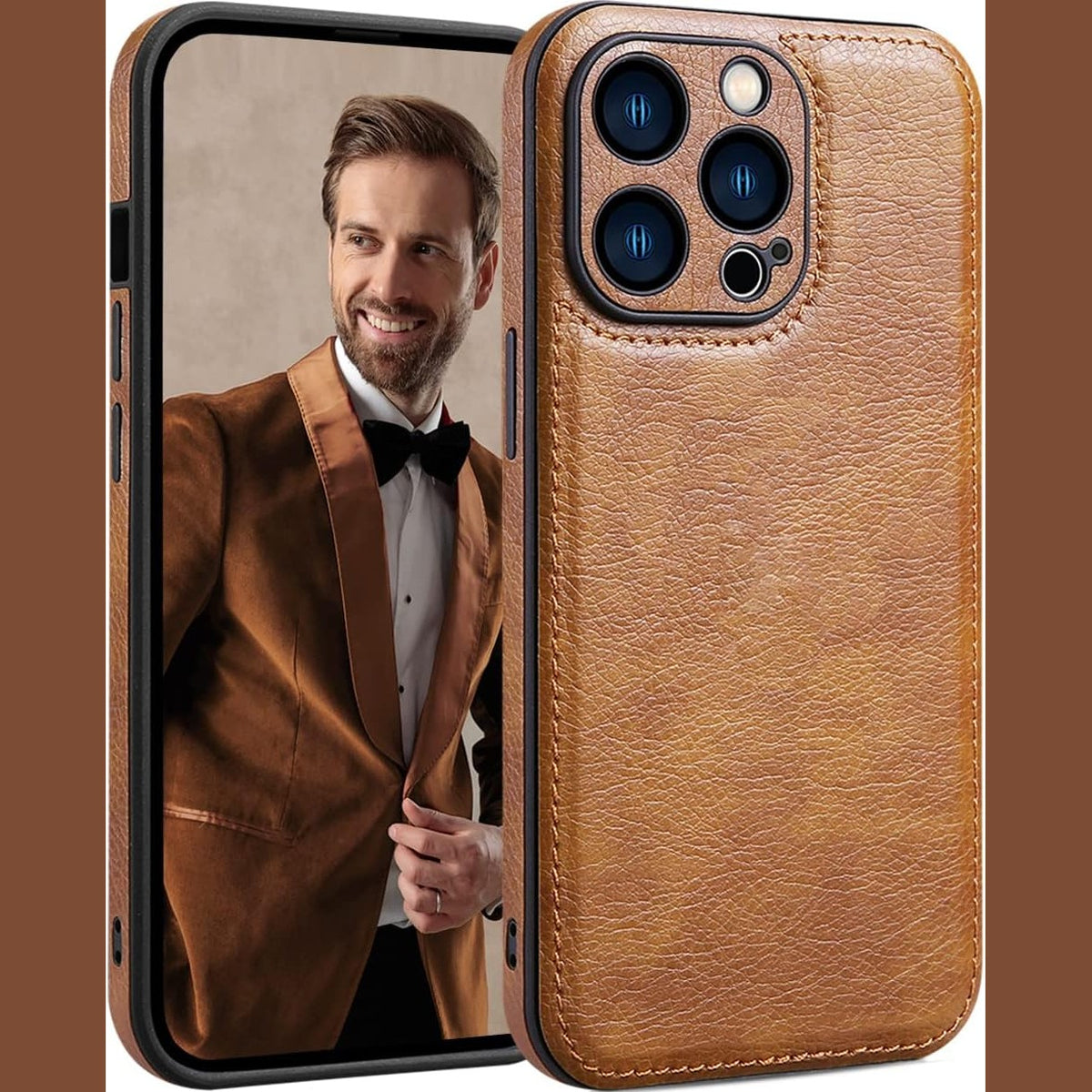 296424 - SOUTEM Mbrojtëse lëkure për iPhone 13 Pro, prej lëkure PU, me dorezë të butë, kafe
