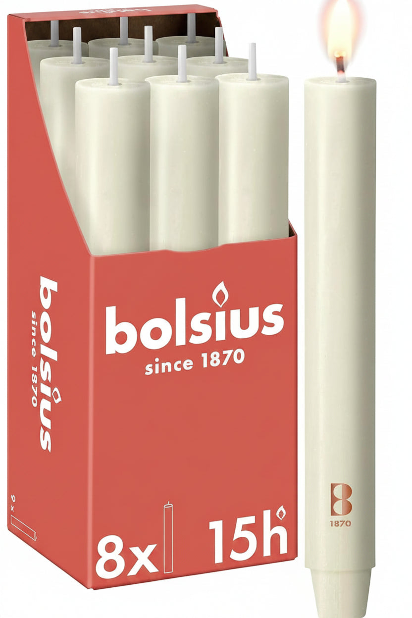 262363 - BOLSIUS Qiri Rustik XL Konik - 23 x 3 cm - Ngjyrë Fildishi - në një kuti me 8 - Koha e djegies 15 orë - Pa aromë - Përmban dyll natyral bimor - Pa vaj palme