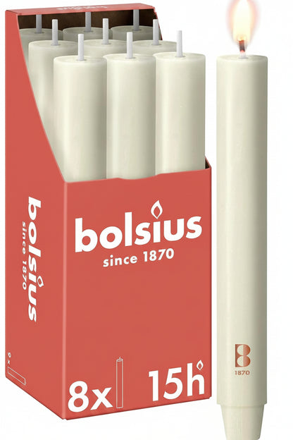 262363 - BOLSIUS Qiri Rustik XL Konik - 23 x 3 cm - Ngjyrë Fildishi - në një kuti me 8 - Koha e djegies 15 orë - Pa aromë - Përmban dyll natyral bimor - Pa vaj palme