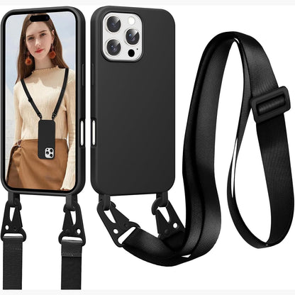 310241 - JRKVNIV Mbulesë për iPhone 15 Pro me kordon, litar i rregullueshëm, silikoni TPU, rezistente ndaj goditjeve, e zezë