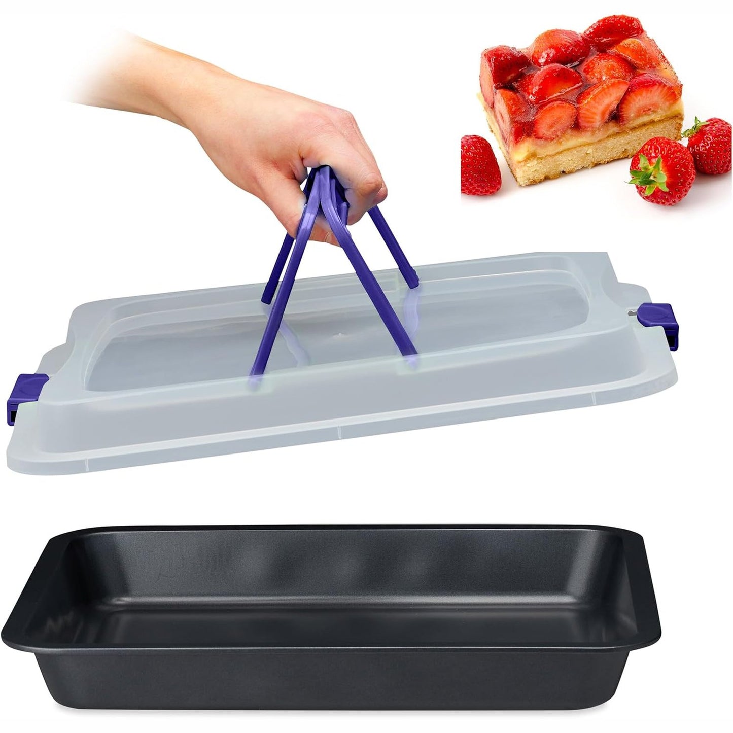 262176 - Relaxdays Tepsi Pjekjeje me Kapak, Kuti Transporti për Torta 3 në 1, BT 40.5 x 32.5 cm, E Zezë/Blu