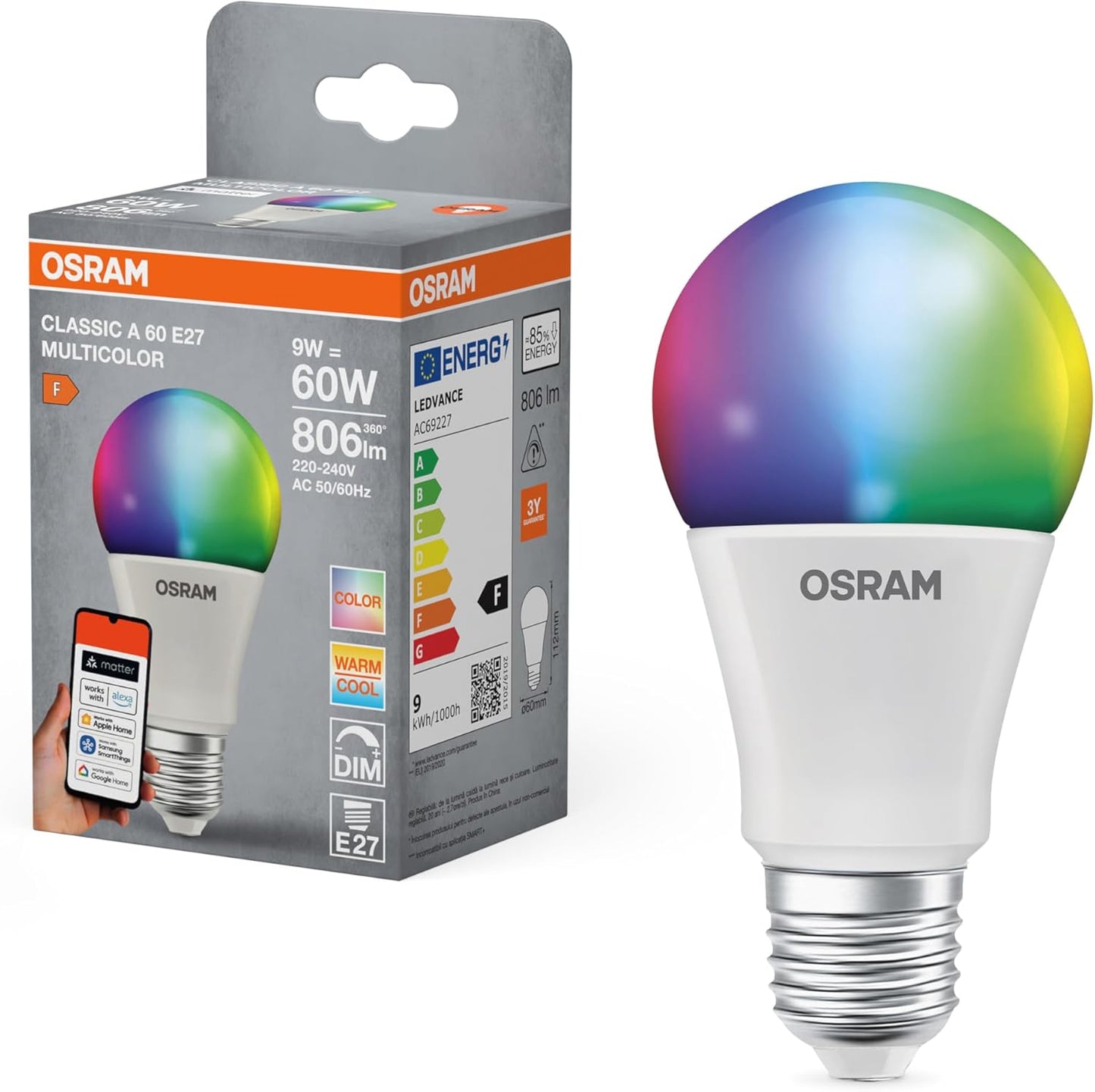 262615 - OSRAM SMART+ RGBW, llambë LED E27 me Matter over Wifi, 60W ekuivalente, 2700-6500K, 16 milionë ngjyra RGB, 1 pako