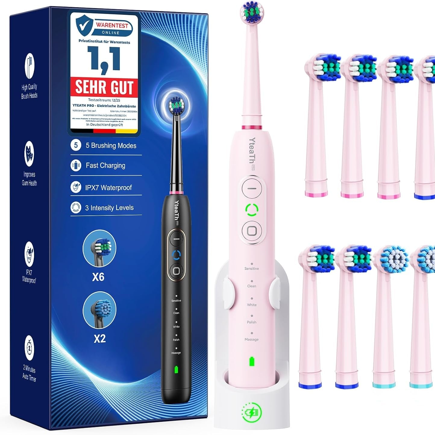 316404 - Furçë dhëmbësh elektrike rrotulluese, 3 nivele intensiteti, 5 mënyra, 8 koka furçe, IPX7, rozë