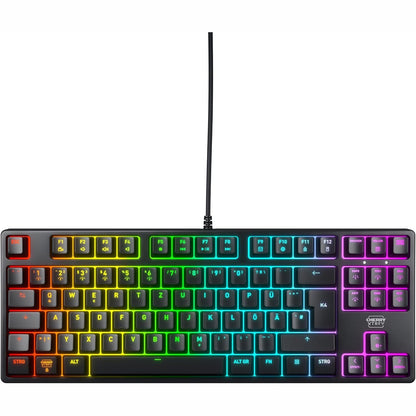 266118 - CHERRY XTRFY K4V2 TKL, Tastierë Lojërash me Tel pa Tastierë Numerike, Paraqitje Gjermane (QWERTZ), Ndriçim RGB, Çelësa Mekanikë MX2A të Kuq, E Zezë