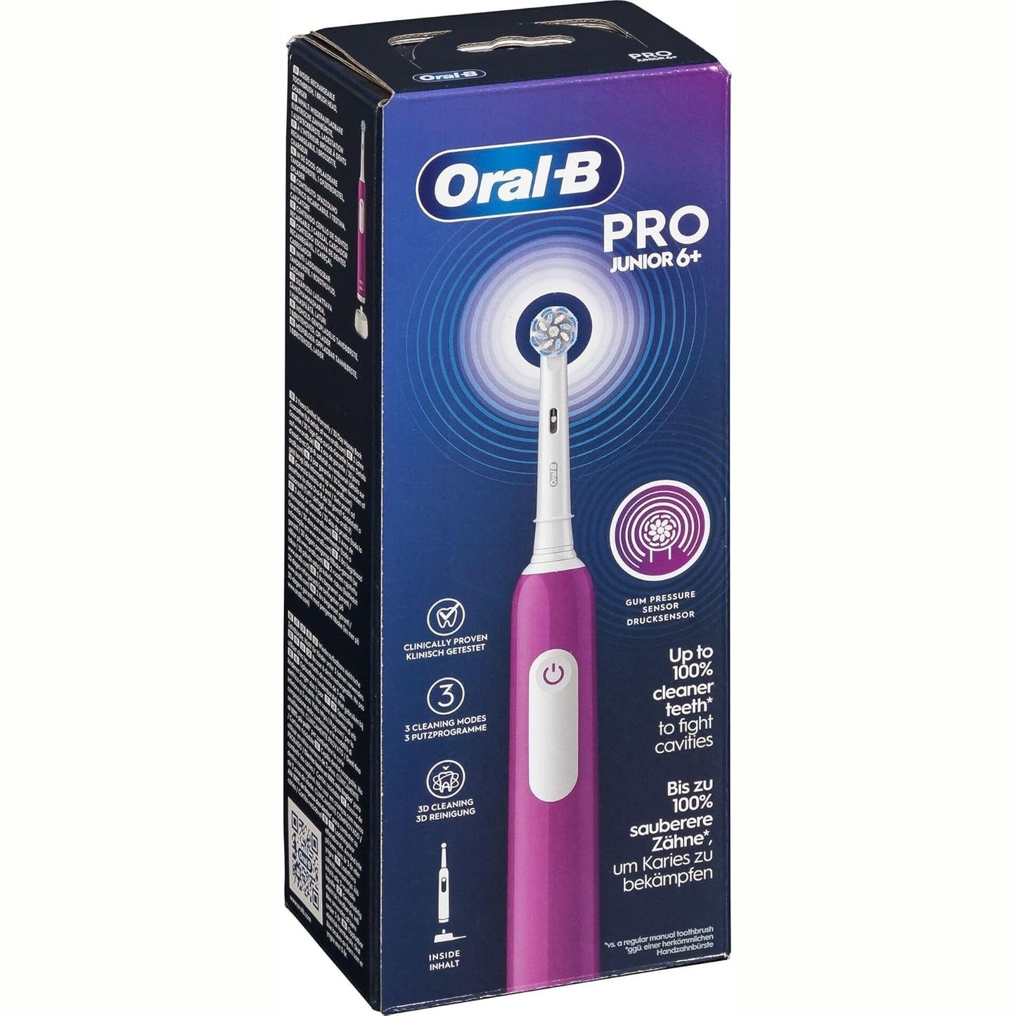 275175 - ORAL-B Furçë dhëmbësh elektrike Pro Junior për fëmijë, 1 kokë furçe, vjollcë, 3 mënyra larjeje, filamente të buta, kontroll i presionit të mishrave të dhëmbëve, për moshën 6+ vjeç