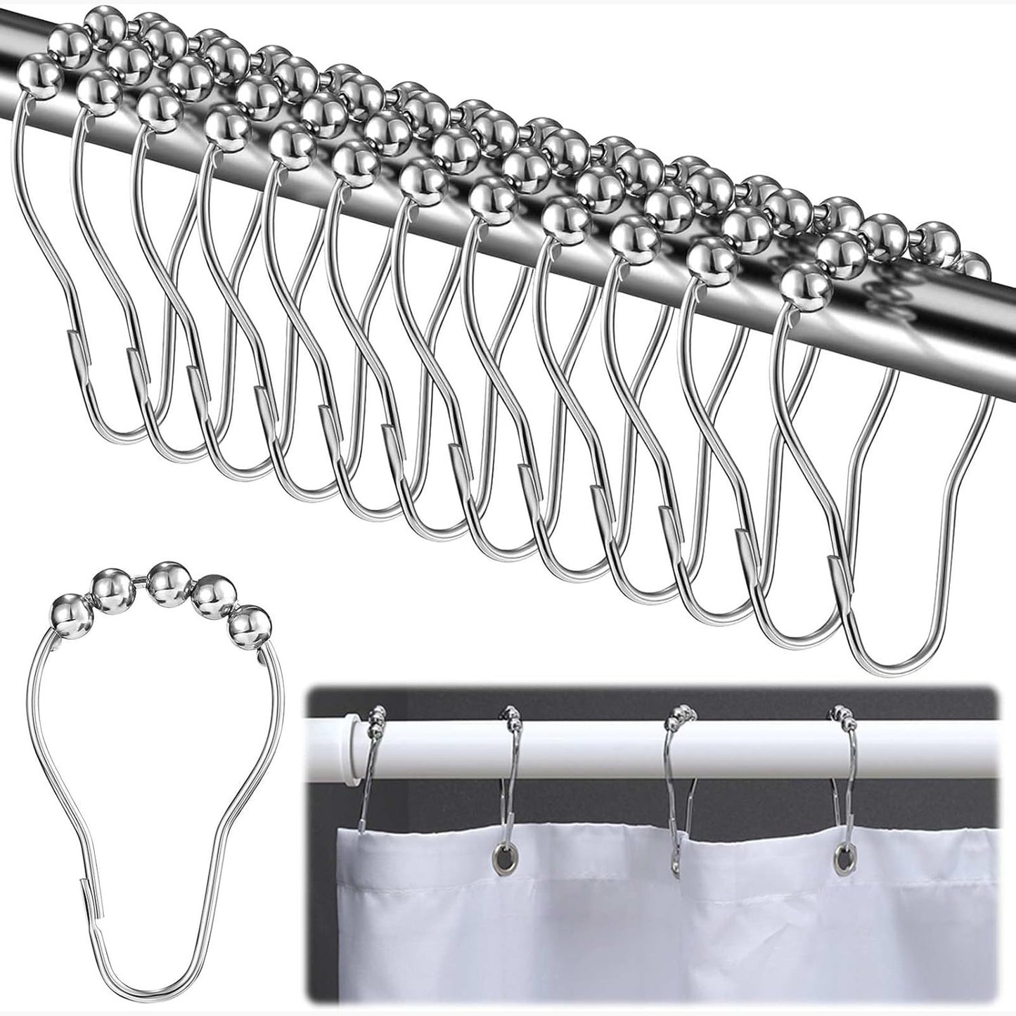 186288 - UNAZA ARGJENDI - Unaza të argjendta për perdë dushi prej çeliku inox me sistem rrëshqitës, 40 copë, matje 4 x 7 cm