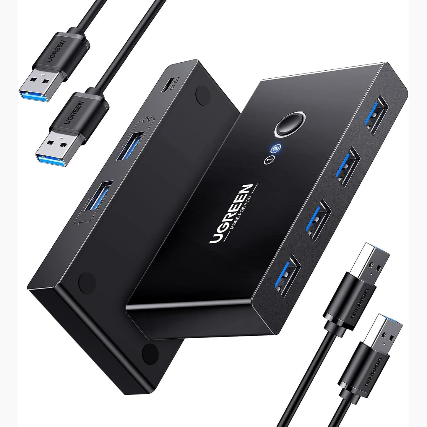 268959 - UGREEN Ndërprerës KVM USB 3.0, 2 hyrje për PC, 4 dalje për tastierë, maus, hard disk, printer, skaner, Kabllot përfshihen