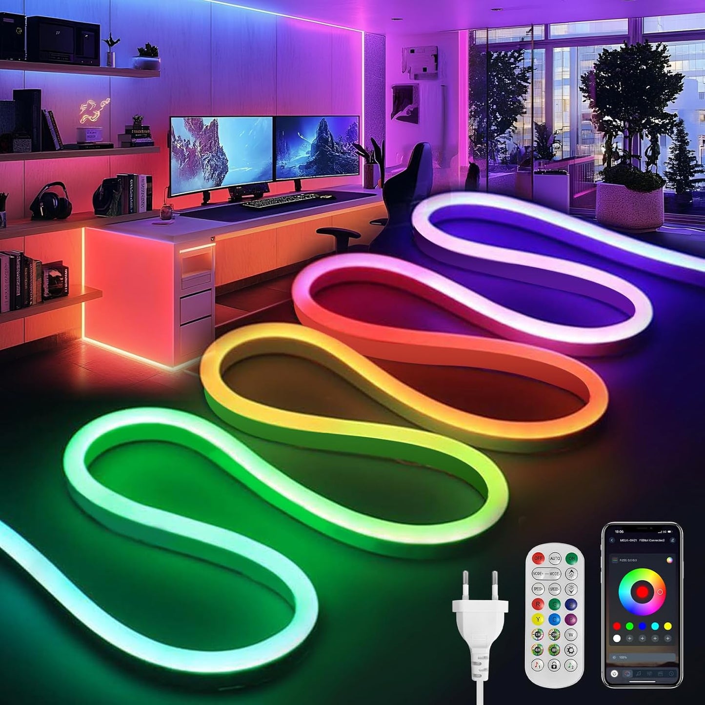 183046 - BRIMETI Shirit LED 15M, Neoni RGBIC Shumëngjyrësh, Fleksibël, I papërshkueshëm nga uji, i Prerë, Sinkronizim Muzike, 220V, Kontrollim me Aplikacion, për Përdorim të Brendshëm dhe të Jashtëm