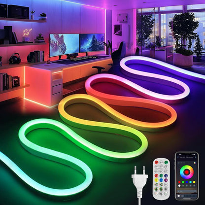 183046 - BRIMETI Shirit LED 15M, Neoni RGBIC Shumëngjyrësh, Fleksibël, I papërshkueshëm nga uji, i Prerë, Sinkronizim Muzike, 220V, Kontrollim me Aplikacion, për Përdorim të Brendshëm dhe të Jashtëm