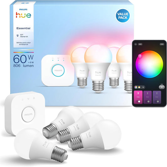 177085 - PHILIPS HUE: Kit Fillestar Thelbësor me 4 Llamba Inteligjente E27, Ngjyra e Bardhë dhe me Të Laramanë, 2200-6500 K, Pajtueshme me Alexa, Google Assistant, dhe Apple Home