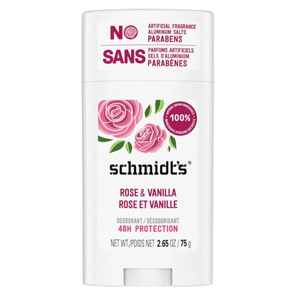 318032 - SCHMIDT'S Deodorant me Origjinë Natyrale, Stick, Trëndafil dhe Vanilje, Vegan i Certifikuar, 75g, Efektivitet 24 orësh