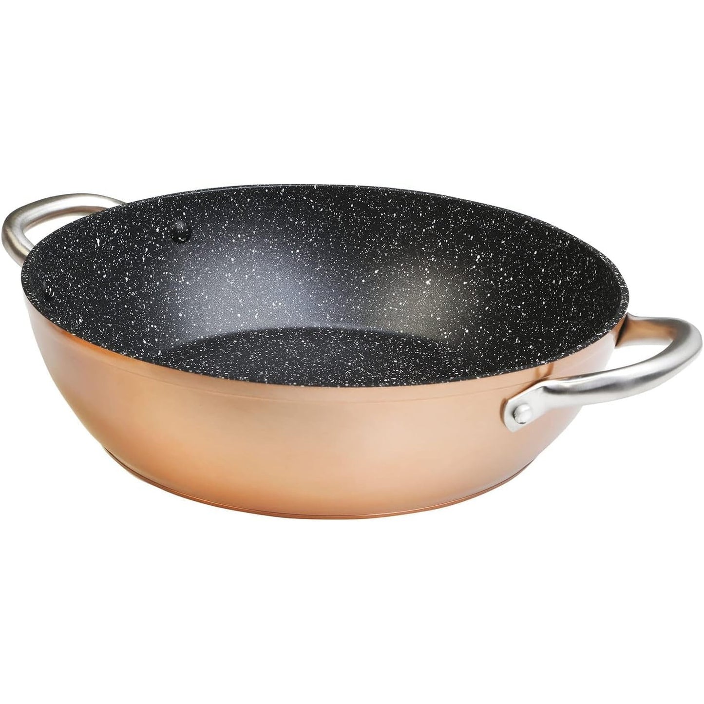 196745 - WECOOK! Tigan Profesional i Ulët 24cm i Sigurt për Induksion, Tigan Ekologjik Jo-ngjitës pa PFOA, Alumin i Farkëtuar, Trashësi 2.8 mm, Sipërfaqe Bakri, Dorëza Çeliku Inox, i Sigurt për Soba Qeramike dhe Furrë