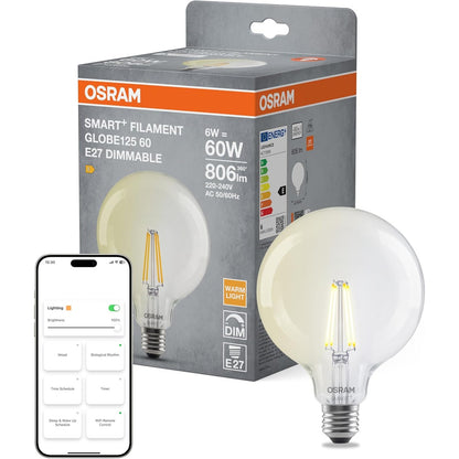 214992 - OSRAM Llambë LED Globe, E27, Filament transparent, 2700 K e bardhë e ngrohtë, me errësim, kontroll me aplikacion dhe zë, e pajtueshme me Alexa dhe Google