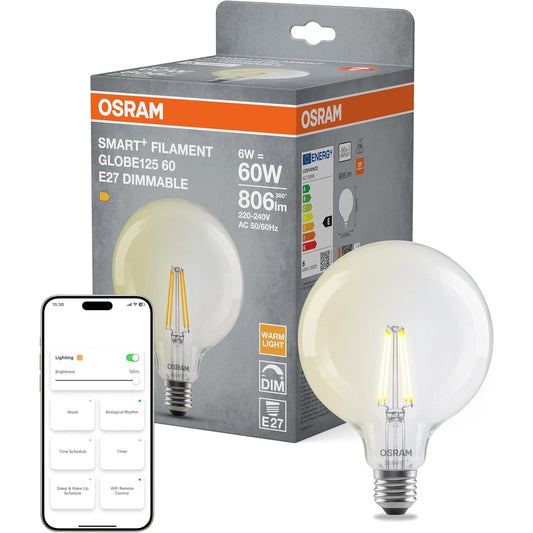 214992 - OSRAM Llambë LED Globe, E27, Filament transparent, 2700 K e bardhë e ngrohtë, me errësim, kontroll me aplikacion dhe zë, e pajtueshme me Alexa dhe Google