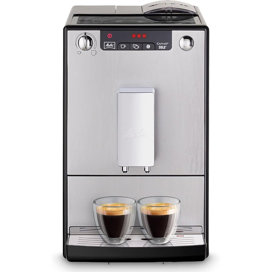 100396 - MELITTA E 950-103 Caffeo Solo - Makinë Kafeje Automatike, Kapacitet për 2 Filxhanë, Materiali Plastikë, Ngjyra Argjendi dhe e Zezë