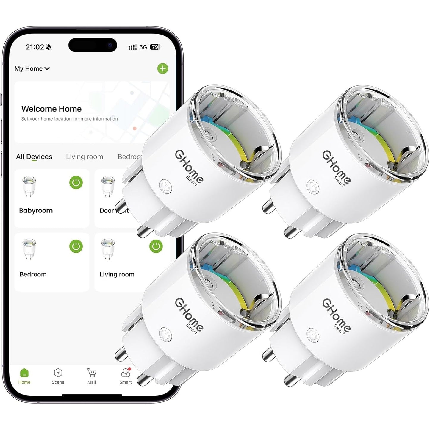 322333 - GHOME Prizë WiFi inteligjente, Priza më e vogël inteligjente për shtëpinë me matës të energjisë, aplikacion dhe kontroll zanor, funksionon me Alexa/Google Home, Planifikim, e çertifikuar TÜV, 10A, pako me 4 pjesë, vetëm WiFi 2.4GHz