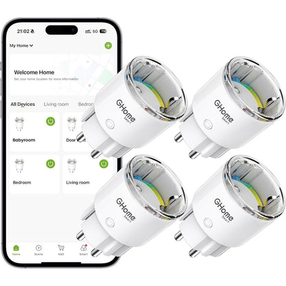 322334 - GHOME Prizë WiFi inteligjente, 10A, pako me 4 pjesë, WiFi 2.4GHz, matës energjie, aplikacion dhe kontroll zanor, funksionon me Alexa/Google Home, e çertifikuar TÜV