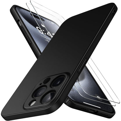 267310 - NATIIOSIE Mbështjellëse ultra e hollë telefoni për iPhone 15 Pro, PP, 2 mbrojtëse ekrani, mbulesë e hollë dhe e lehtë, mbrojtje e plotë e kamerës, mbulesë mbrojtëse mat rezistente ndaj gërvishtjeve - e zezë