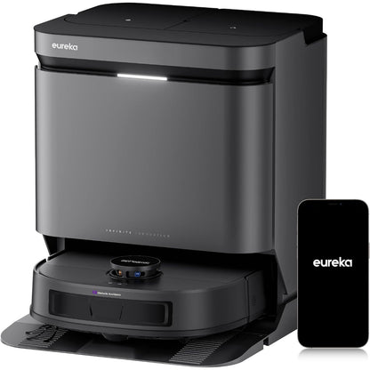 144025 - EUREKA Robotike Fshesë J15 Evo Ultra me Korrent dhe dyshemeje, Thithje 22,000Pa, Fshesë Skajesh 100% e Zgjatshme, Vetë-Larje/Tharje 55°C, Jetëgjatësi Baterie 75 Ditë, Miqësore me Kafshët Shtëpiake, Kundër Ngatërresave, Ngjyra e Zezë
