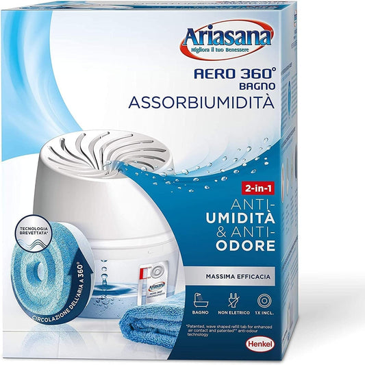 137980 - ARIASANA Aero 360°, Kit për thithjen e lagështisë në banjo, tharëse ajri jo elektrike, lufton kondensimin, mykun dhe aromat e këqija, përmban 1 pajisje dhe 1 mbushës tabletash 450g