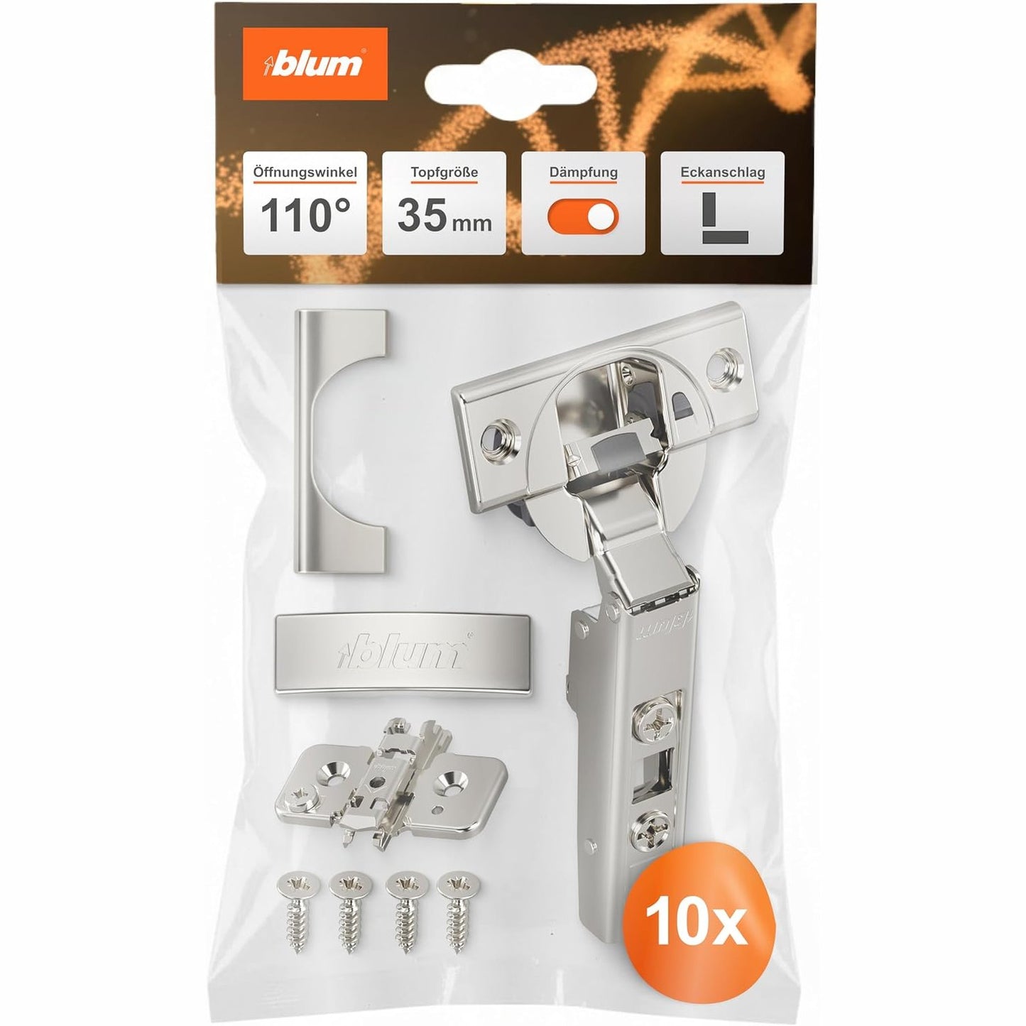 292835 - BLUM Menteshe mobiljesh 10x CLIP sipër BLUMOTION 110°, mbyllje të butë 35 mm, rregullim tre-dimensional, e veshur me nikel