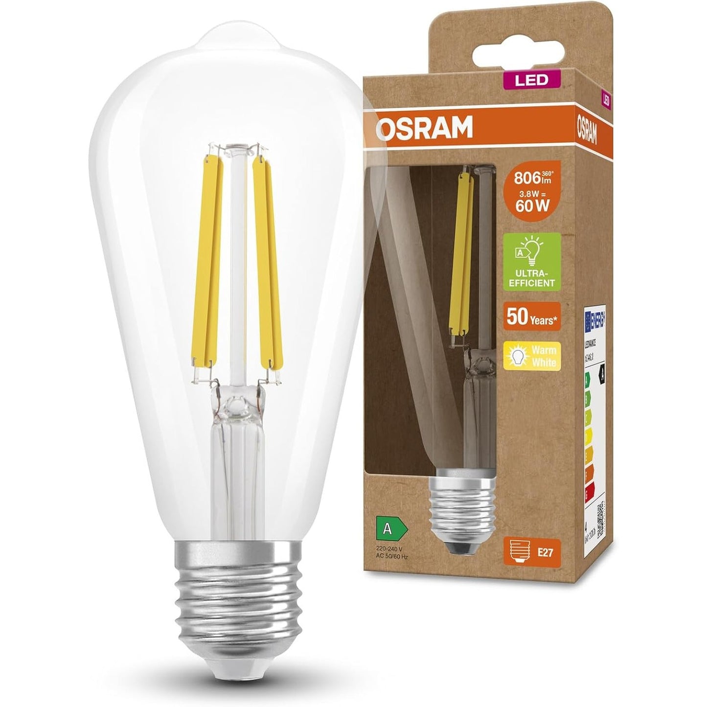 186343 - OSRAM Llambë LED me Filament Edison, Bazë E27, e Bardhë e Ngrohtë (3000K), 4 Vat, Zëvendëson Llambat 60W, me Efikasitet të Lartë Energjitik, Pako me 1 Copë