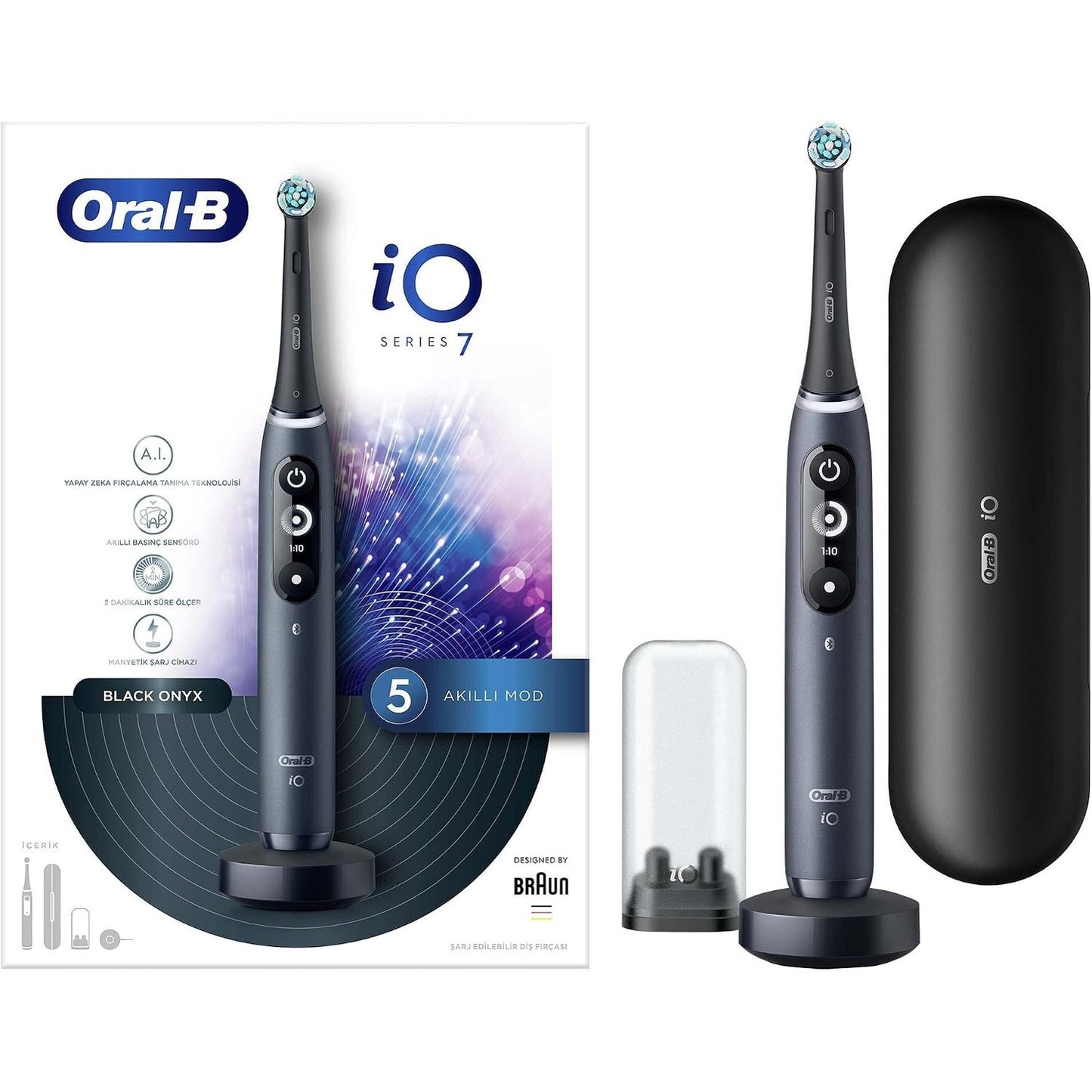 320841 - ORAL-B Furçë dhëmbësh elektrike iO 7, e bardhë, me teknologji Braun, e pajtueshme me aplikacionin Oral-B, përfshin 3 koka zëvendësuese dhe një çantë udhëtimi.