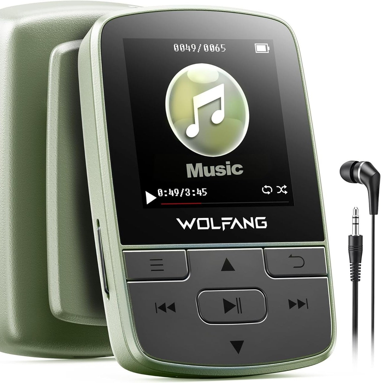273423 - WOLFANG MP3 player me Bluetooth 5.2, kapëse sportive, madhësi mini, peshë 28.3 g, radio HiF FM, regjistrues zëri, kufje të përfshira, jeshile ushtarake
