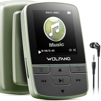 273423 - WOLFANG MP3 player me Bluetooth 5.2, kapëse sportive, madhësi mini, peshë 28.3 g, radio HiF FM, regjistrues zëri, kufje të përfshira, jeshile ushtarake