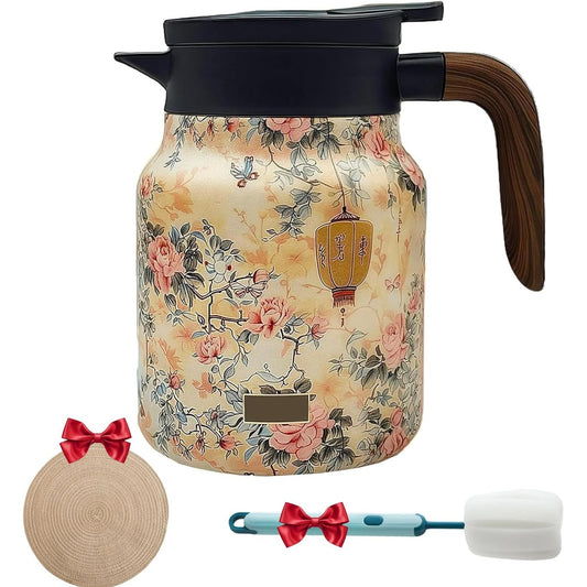 130942 - DORESTY Karafe Termike 1000ml prej Çeliku Inoks, Model Lulesh Vintage me Filtër të Integruar për Çaj Bimor, Karafe për Pije të Nxehta, Teknologji me 2 Filtra, Dizajn Elegant - E Verdhe