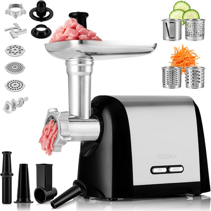 162152 - ZEEGMA - Mullirë Elektrike Mishi Molen Chef, me Fuqi 1900W, 3 Pllaka Bluarjeje prej Çeliku Inox, Kapacitet Bluarjesh 1.8kg/min, për Salçiçe, Kubbe, Grirje, me Funksionin REV, Kit Aksesori, Ngjyra Argjend