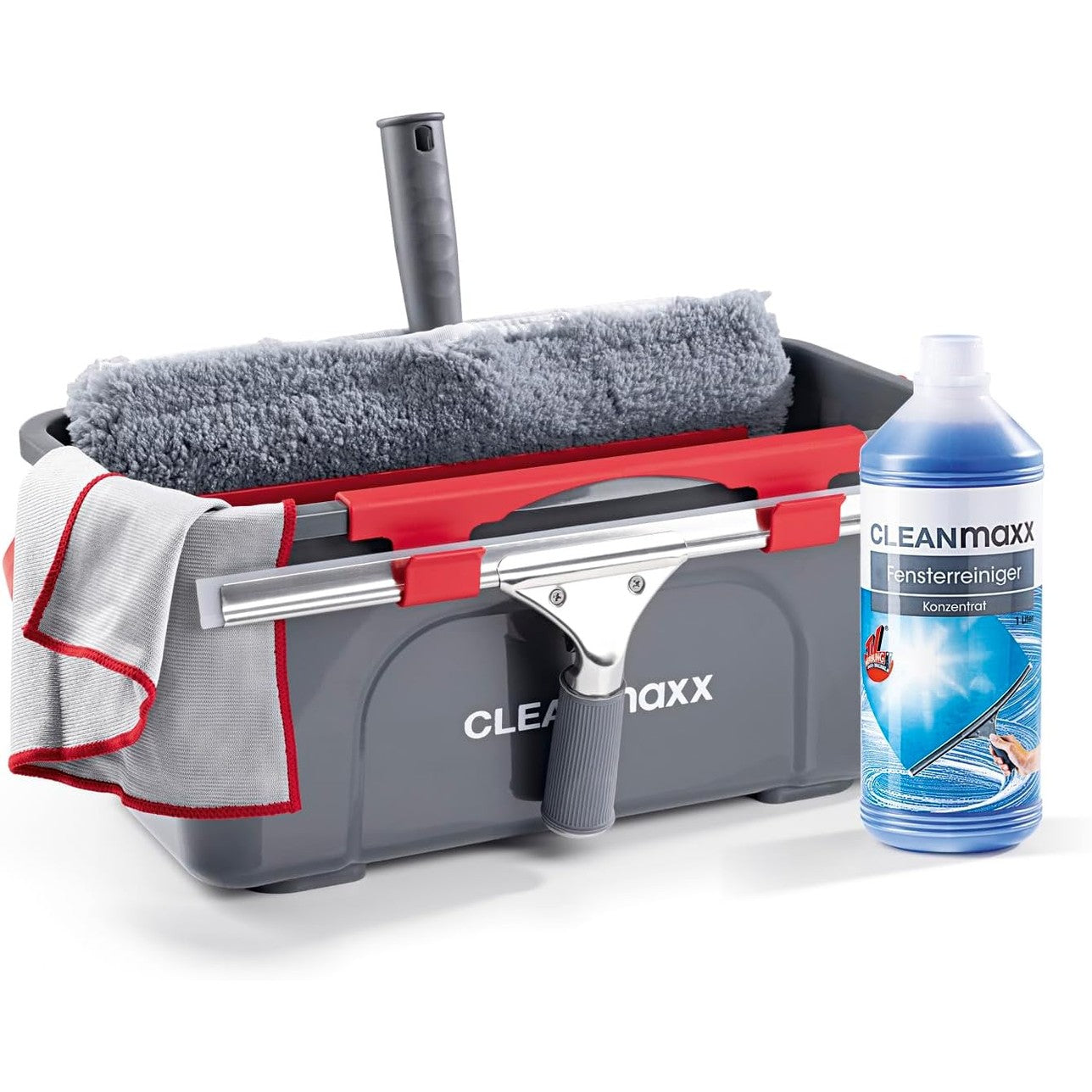 222003 - CLEANmaxx - Set Pastrimi Xhamash me 7 Pjesë, përfshin Fshesë Xhamash, Pastrues, Leckë, Kovë dhe Mbajtëse