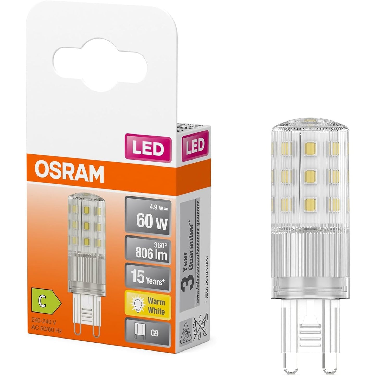 224352 - OSRAM Llambë LED shumëngjyrëshe G9, 4.9 W / 806 lm, e qartë, dritë e bardhë e ngrohtë 2700 K, pa errësim, IP20, xham pa plumb, diametër 18 mm