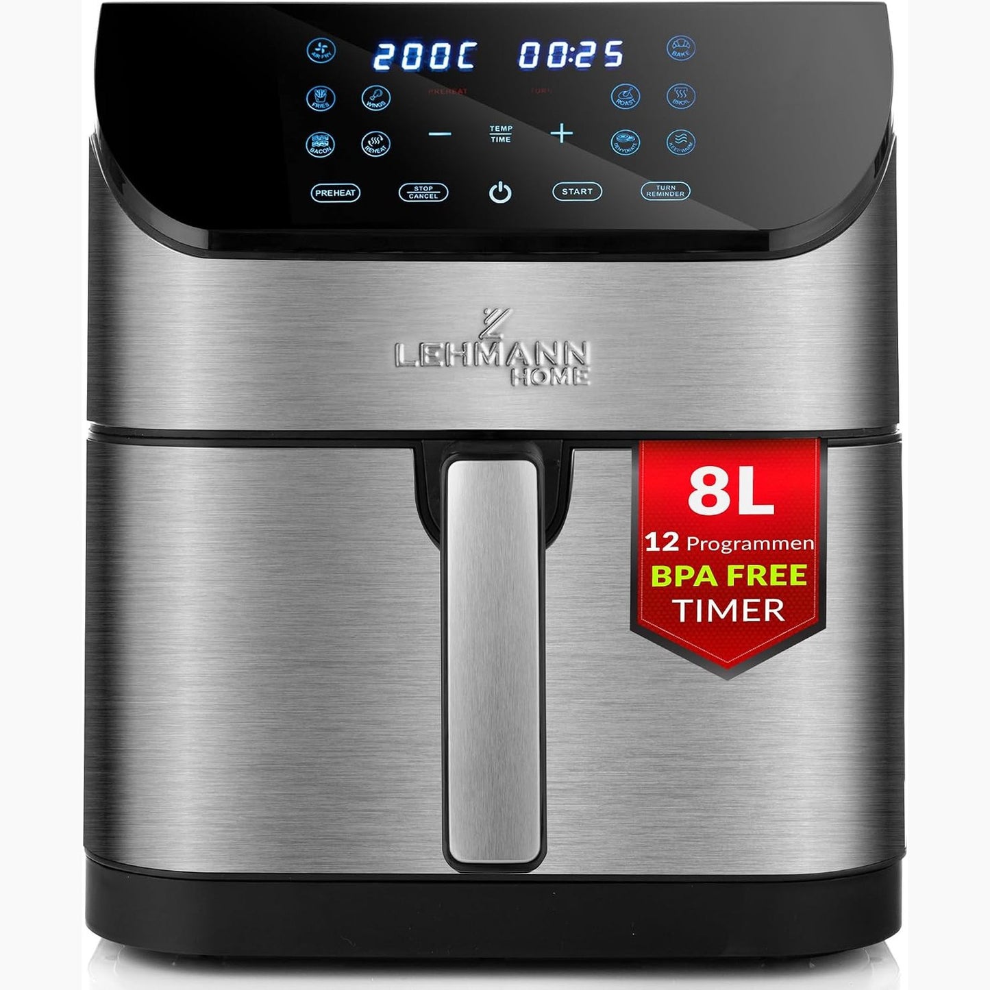 288273 - LEHMANN Fritezë me ajër të nxehtë XXL, 8L, 12 programe, kontroll temperature 76-200°C, dhomë e madhe metalike, ekran dixhital, kohëmatës, shtresë jo-ngjitëse