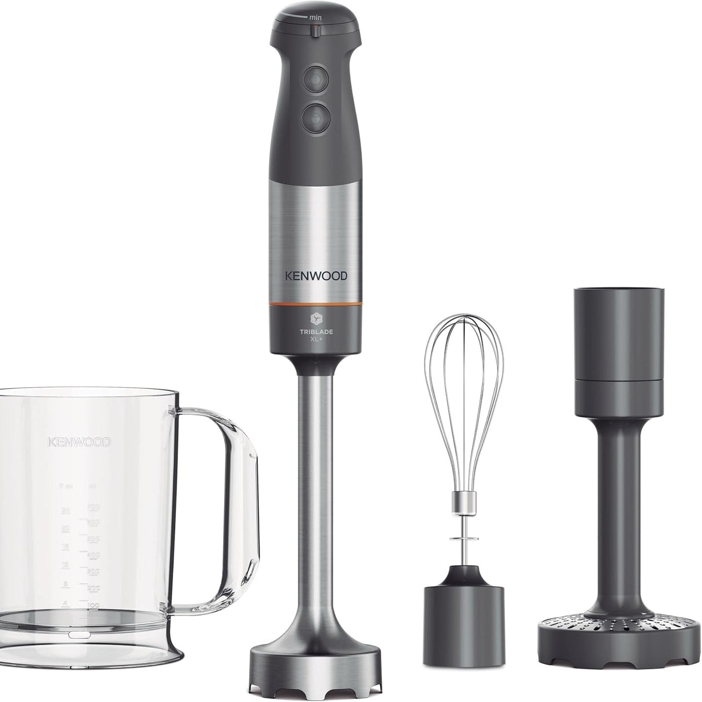 162134 - KENWOOD Triblade XL+ - Blender Zhytës me Bosht Çeliku i Lëvizshëm, Rrahëse Teli dhe Shtypëse Perimesh, Kapacitet Gotë të Graduar 0.75L me Dorezë, Fuqi 1000Watt, Gri