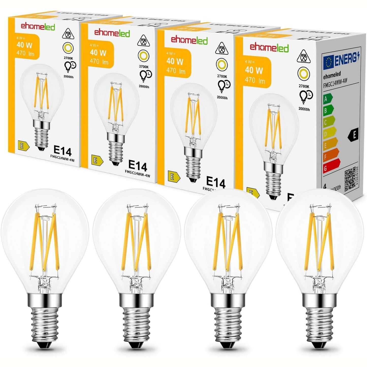 230112 - Homeled Llambë Mini E14 LED G45, 4W (ekuivalente 40W), e bardhë e ngrohtë 2700K, xham transparent, 470 lm, pako me 4