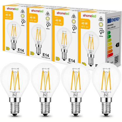 230112 - Homeled Llambë Mini E14 LED G45, 4W (ekuivalente 40W), e bardhë e ngrohtë 2700K, xham transparent, 470 lm, pako me 4