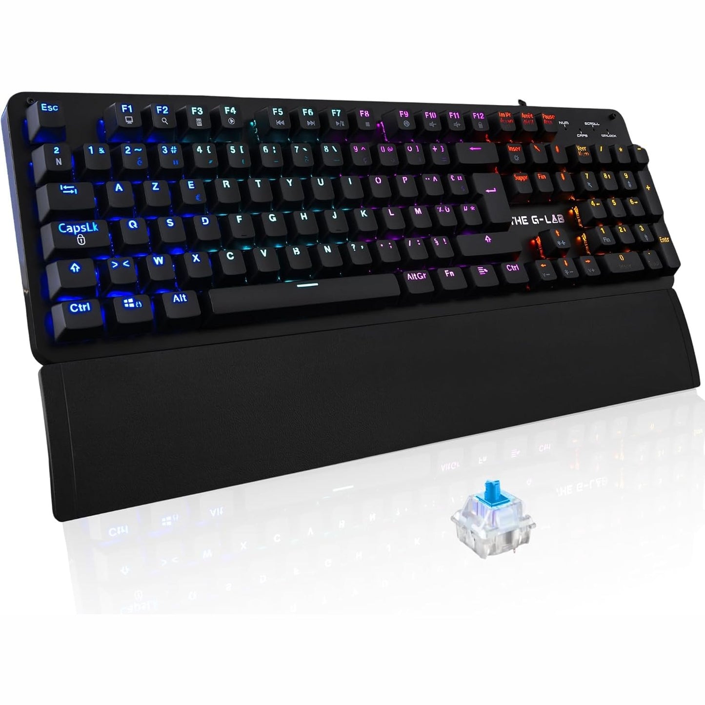 273275 - G-LAB Tastiera Mekanike për Lojëra Keyz Carbon E, Çelësa AZERTY Blue, Ultra Precize - 16 Efekte Ndriçimi nga Prapa - Mbështetëse Magnetike për Kyçin e Duart - E Përputhshme me PC PS4/PS5 Xbox One/Series X