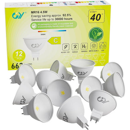 256728 - Llambë LED GY GU5.3 e Bardhë e Ngrohtë, 12V MR16 LED 4.5W 663 Lumen 3000K, Zëvendëson Llambën 40W, Kënd Rreze 120°, Pako me 9 copë