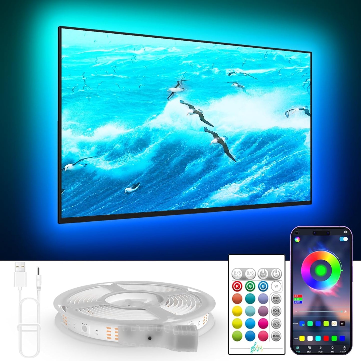 219424 - KANTUTOE - Ndriçim prapa për TV LED, Shirit LED 6m për TV 65-85 inç, Drita TV LED RGB me Sinkronizim Muzikor, Aplikacion Bluetooth dhe Shirit Drite me Telekomandë për Dhoma (19.68ft)