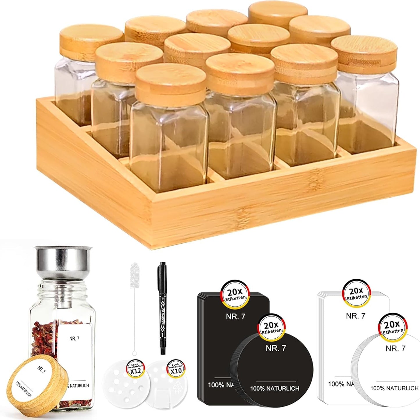 223078 - SAEIV Raft erëzash prej druri ekologjik me 12 ndarje bambuje | 12 organizues sirtarësh kavanozësh erëzash 120 ml | Raft erëzash me kavanoza dhe etiketa erëzash gjermane | Rafte erëzash në këmbë | Organizues erëzash