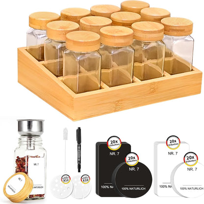 223078 - SAEIV Raft erëzash prej druri ekologjik me 12 ndarje bambuje | 12 organizues sirtarësh kavanozësh erëzash 120 ml | Raft erëzash me kavanoza dhe etiketa erëzash gjermane | Rafte erëzash në këmbë | Organizues erëzash