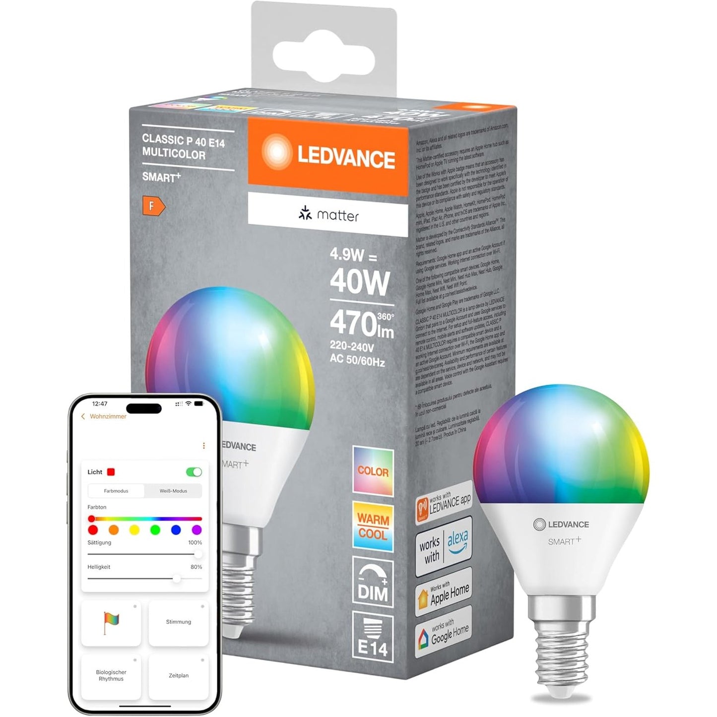 252737 - LEDVANCE SMART+ MATTER Llampa LED, e pajtueshme me Google, Alexa, Apple, ngjyrë e bardhë e ngrirë, 4.9W, 470lm, E14, dritë me ngjyra dhe e bardhë, kontroll me aplikacion ose me zë, jetëgjatësi deri në 20,000 orë