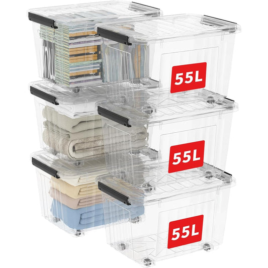 231121 - CETOMO KUTI RUAJTJE 55L (PAKO ME 6) - KUTI PLASTIKE TË PËRFORCUARA ME KANALE ME RROTA DHE KAPAK, PP, TRANSPARENTE
