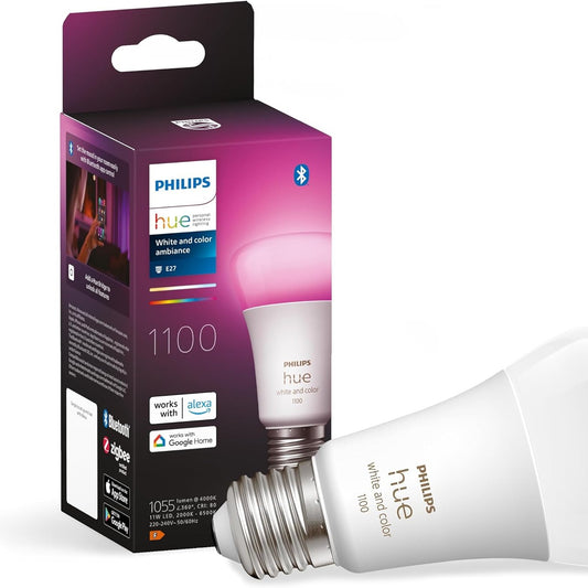 135185 - PHILIPS HUE Llampa LED Inteligjente, e Bardhë dhe Me Ngjyra, Prizë E27, 11W, Kontrollohet me Bluetooth dhe Aplikacionin Hue, Kompatibil me Alexa, Google Assistant dhe Apple HomeKit