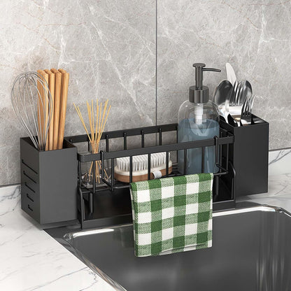 238950 - ZIMOER Organizues Kuzhine Multifunksional - Raft Ruajtjeje Lavamani me Mbajtëse Sfungjeri, Mbajtëse Takëmesh dhe Kullues, 33.5 x 7.8 x 10.5 cm, Plastikë e Qëndrueshme (1 copë) (E zezë)