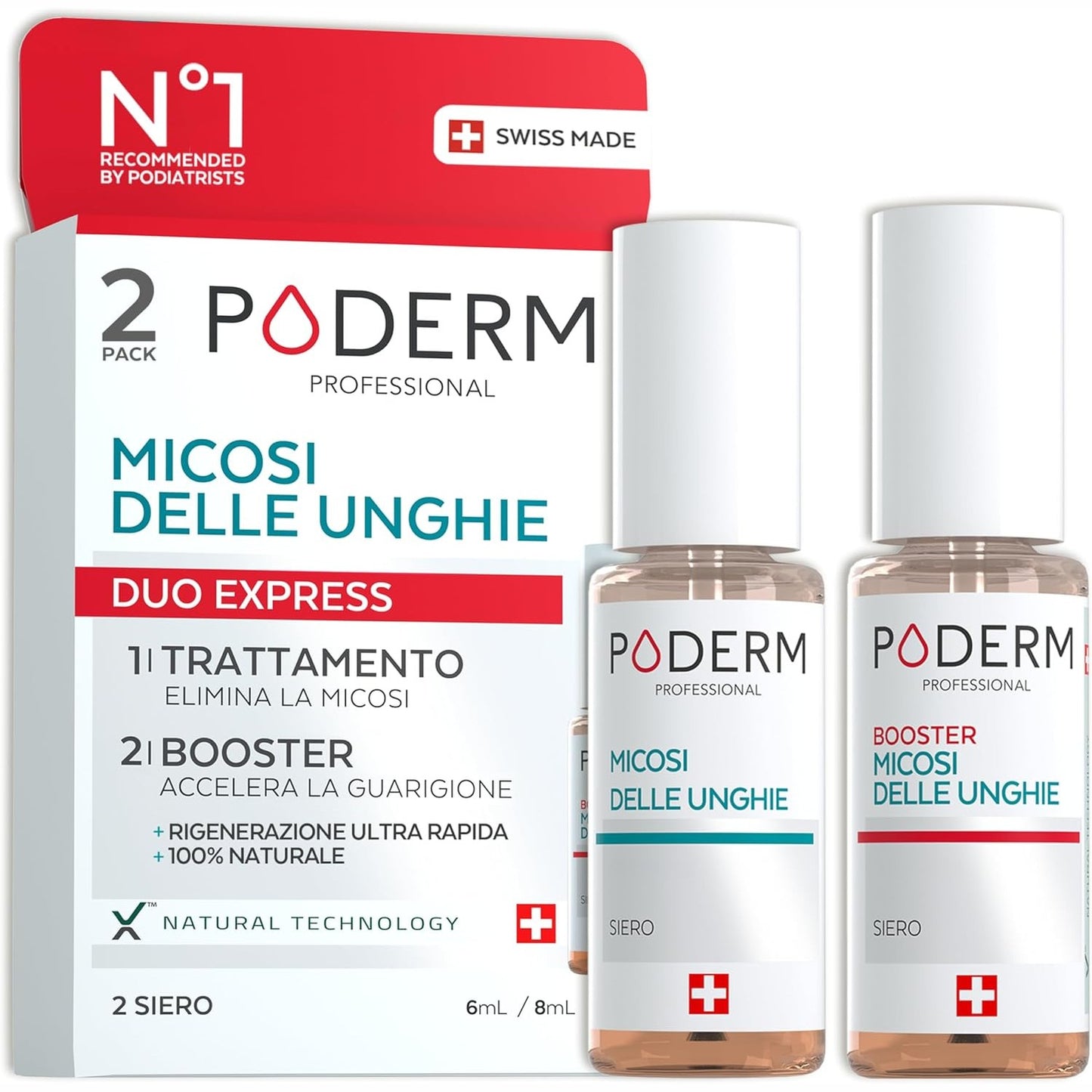 321139 - PODERM Trajtim 2-në-1 për kërpudhat e thonjve të këmbëve, Pako Duo - Serum dhe përforcues, 100% Natyral